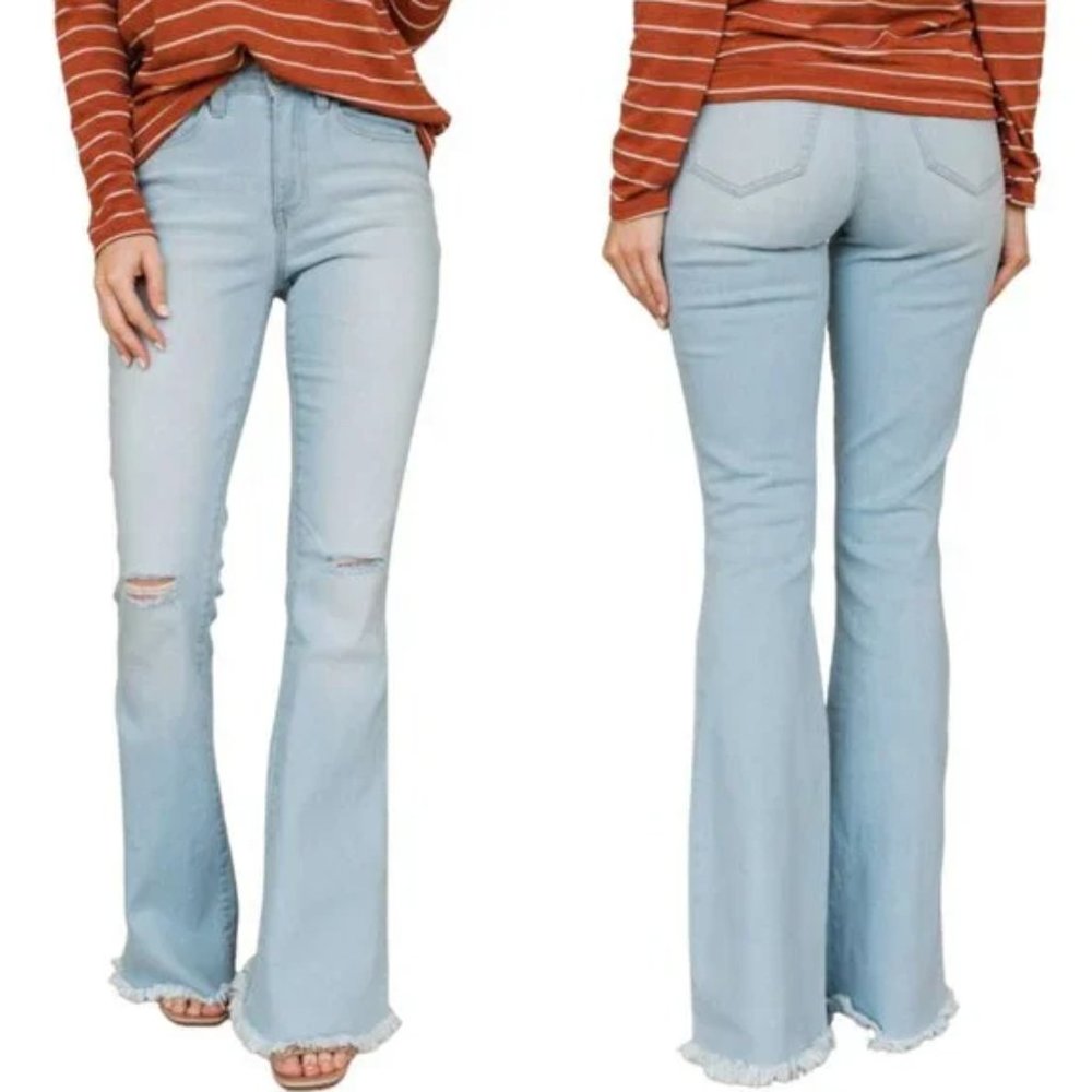 Unbranded Jeans Flare High-Rise Raw Cut Hem Light Wash SZ 28 NEW!